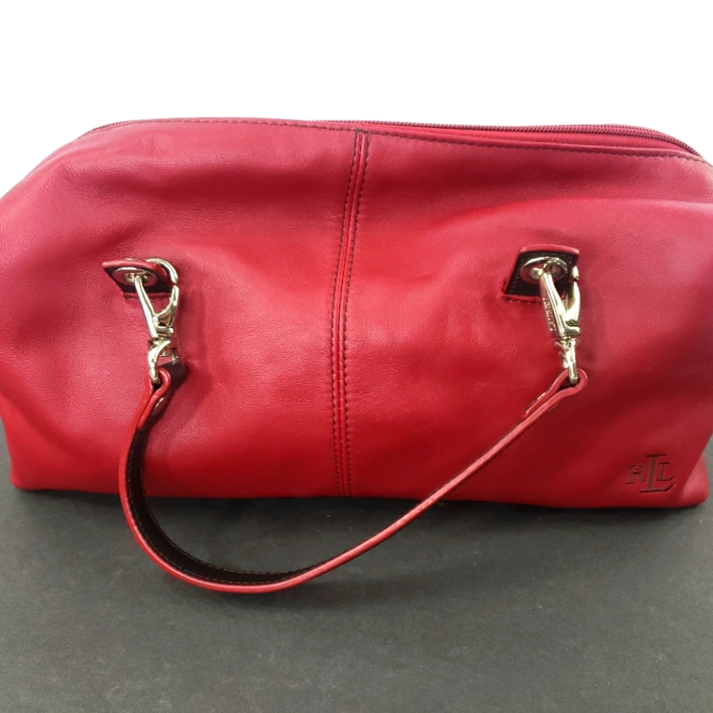 Lauren Ralph Lauren Deep Red Purse Handbag W/ Embroidered Monogram